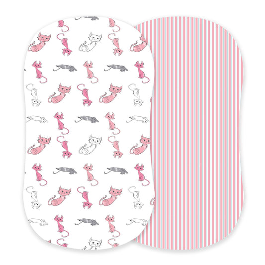 Playful Kitty and Candy Stripe Bamboo Changing Pad Cover/Bassinet Sheets - Home Deals Co.